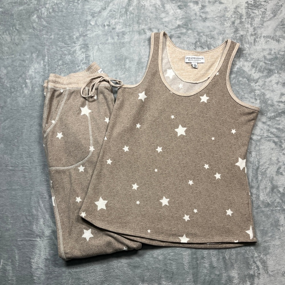 Live Love Lounge Karen Neuburger Pajama Set Womens Tan Stars Tank & Joggers M